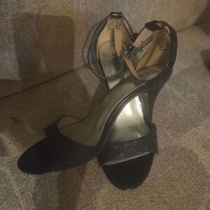 ioni Black Glitter Ankle Strap High Heels - Size US 6W party  glam